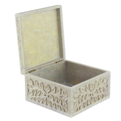 Soapstone Jewellery box, 'Leafy Bower' - Hand Carved Natural Soapstone Jewellery Box from India