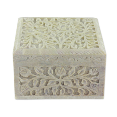 Soapstone Jewellery box, 'Leafy Bower' - Hand Carved Natural Soapstone Jewellery Box from India