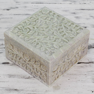 Soapstone jewelry box, 'Leafy Bower' - Hand Carved Natural Soapstone Jewelry Box from India