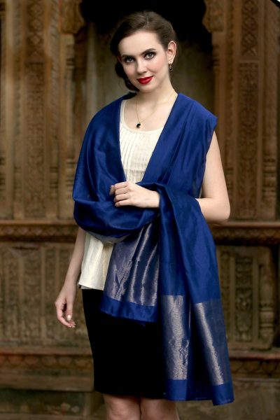 Cotton and silk shawl, 'Lapis Radiance' - Handwoven Cotton and Silk Shawl in Blue and Gold