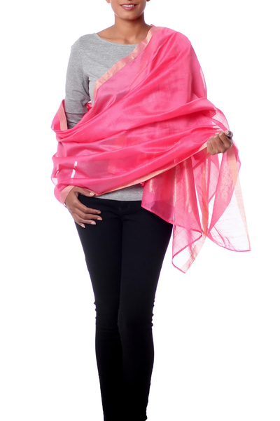 Cotton and silk shawl, 'Rose Radiance' - Handwoven Cotton and Silk Shawl in Pink and Gold