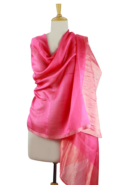 Cotton and silk shawl, 'Rose Radiance' - Handwoven Cotton and Silk Shawl in Pink and Gold
