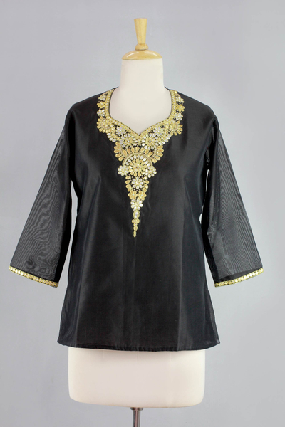 Beaded cotton and silk tunic, 'Midnight Princess' - Dressy Black Beaded and Embroidered Cotton and Silk Tunic