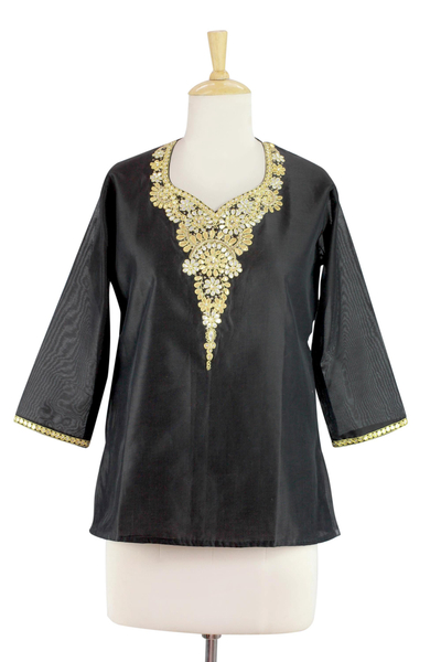 Beaded cotton and silk tunic, 'Midnight Princess' - Dressy Black Beaded and Embroidered Cotton and Silk Tunic