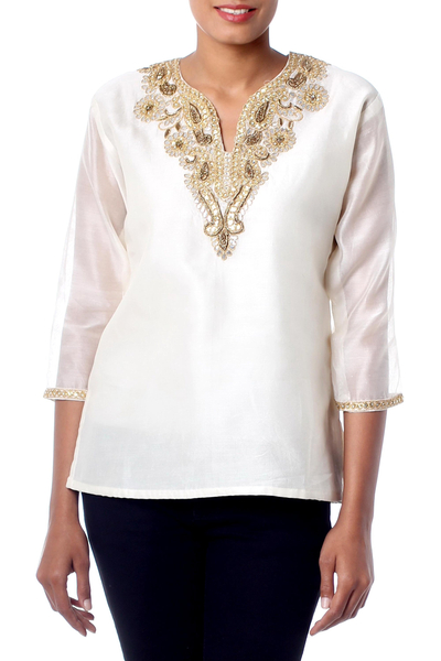 Beaded cotton and silk tunic, 'Morning Princess' - Ivory Beaded Gota Embroidery Cotton Blend Tunic from India