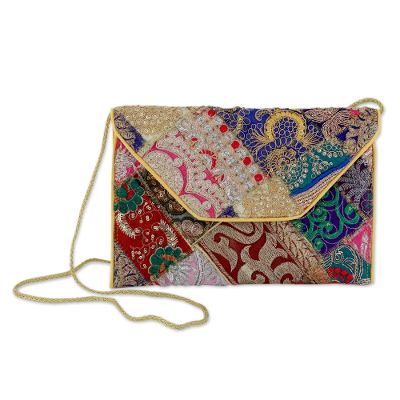 Upcycled beaded flap handbag, 'Vibrant Dream' - Beaded Patchwork Embroidered Purse of Recycled Fabric