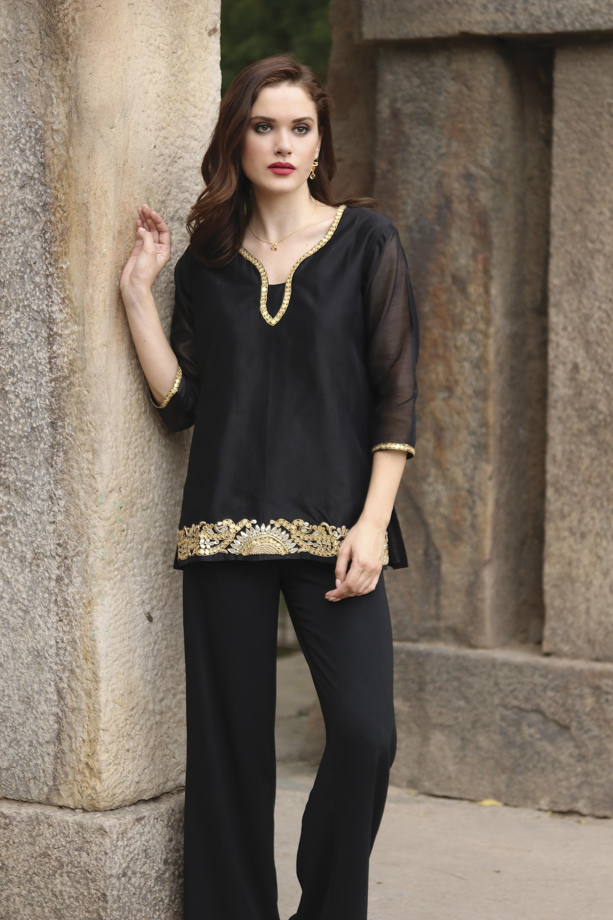 UNICEF Market | Black Beaded Gota Embroidery Cotton Blend Tunic from ...