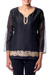 Beaded cotton and silk tunic, 'Midnight Jewels' - Black Beaded Gota Embroidery Cotton Blend Tunic from India