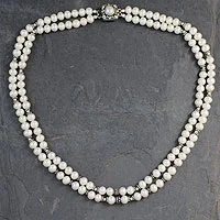 Cultured pearl strand necklace, 'Cloud Song' - Handmade Double Pearl Strand Silver Necklace from India