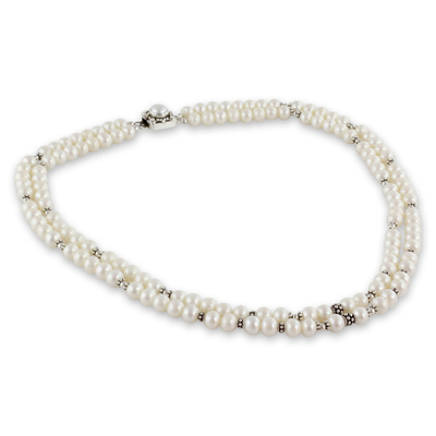 Cultured pearl strand necklace, 'Cloud Song' - Handmade Double Pearl Strand Silver Necklace from India