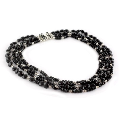 Onyx beaded necklace, 'Midnight Mystique - Four Strand Black Onyx Necklace With Sterling Silver