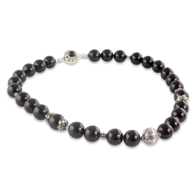 Onyx beaded necklace, 'Imperial' - Indian Handmade Black Onyx and Sterling Silver Necklace
