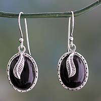 Onyx dangle earrings, 'Tender Leaves' - India Fair Trade Onyx and Sterling Silver Dangle Earrings
