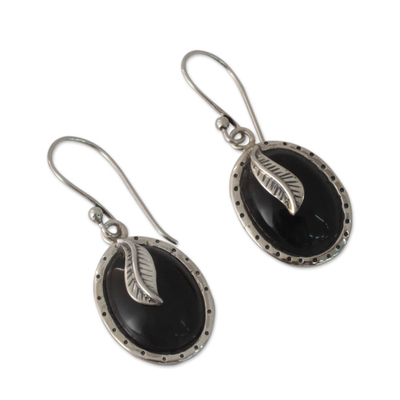 Onyx dangle earrings, 'Tender Leaves' - India Fair Trade Onyx and Sterling Silver Dangle Earrings
