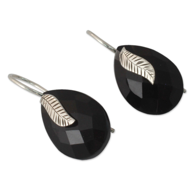 Onyx drop earrings, 'Midnight Flora' - Handmade Black Onyx and Sterling Silver Leaf Earrings