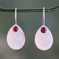 Chalcedony and garnet drop earrings, 'Rosy Outlook' - Pink Chalcedony and Garnet Gemstone Drop Earrings