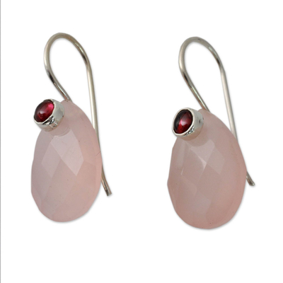 Pink Chalcedony and Garnet Gemstone Drop Earrings