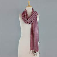 Wool scarf, 'Himalayan Path' - India Handwoven Fuchsia Wool Scarf with Grey and Ivory