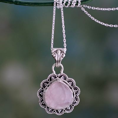 Rose quartz pendant necklace, 'Fair Rose' - Artisan Crafted Silver and Rose Quartz Pendant Necklace