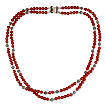 Double Carnelian Strand Beaded Necklace with Labradorite