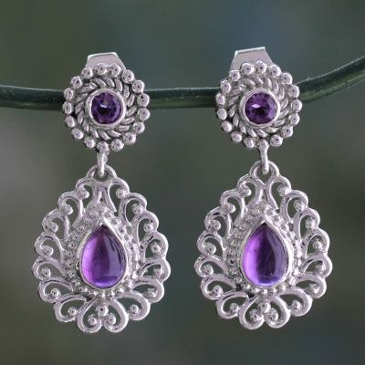 Amethyst dangle earrings, 'Bangalore Lilac' - Indian Handcrafted Sterling Jali Earrings with Amethyst