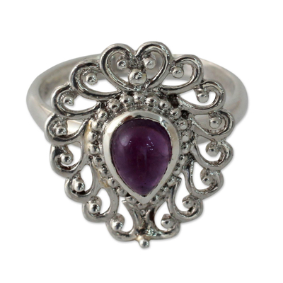 Amethyst cocktail ring, 'Bangalore Lilac' - India Handcrafted Sterling Jali Ring with Amethyst