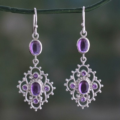 Amethyst dangle earrings, 'Jaipuri Lace' - India Handcrafted Amethyst and Sterling Silver Jali Earrings