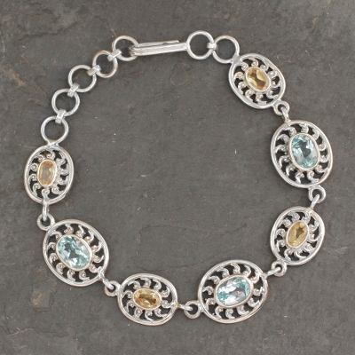Citrine and blue topaz link bracelet, 'Radiance' - India Silver Bracelet with Citrine and Blue Topaz