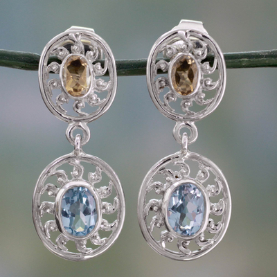 Citrine and blue topaz dangle earrings, 'Radiance' - Artisan Crafted Silver Earrings with Citrine and Blue Topaz