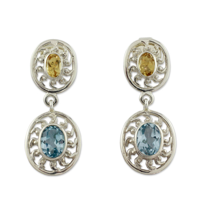 Citrine and blue topaz dangle earrings, 'Radiance' - Artisan Crafted Silver Earrings with Citrine and Blue Topaz