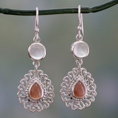 Moonstone dangle earrings, 'Perfect Peace' - India Handcrafted Sterling Jali Earrings with Moonstone