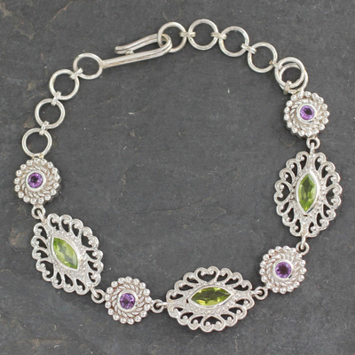 Peridot and amethyst link bracelet, 'Andaman Fern Forest' - Silver Jali Bracelet with Faceted Peridot and Amethysts