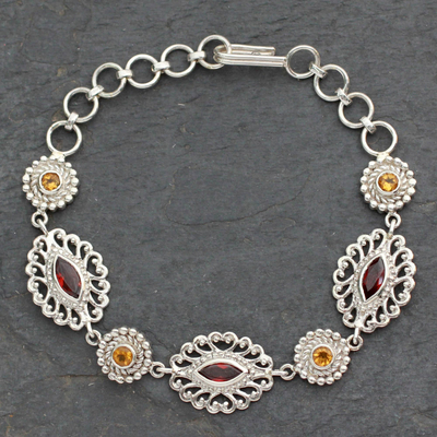 Ornate Silver Jali Bracelet with Faceted Garnets and Citrine - Andaman ...