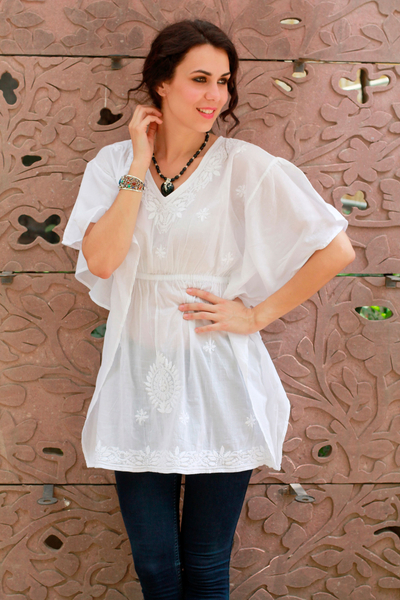White Cotton Long Caftan Blouse with Hand Embroidery - Snow Blossom ...