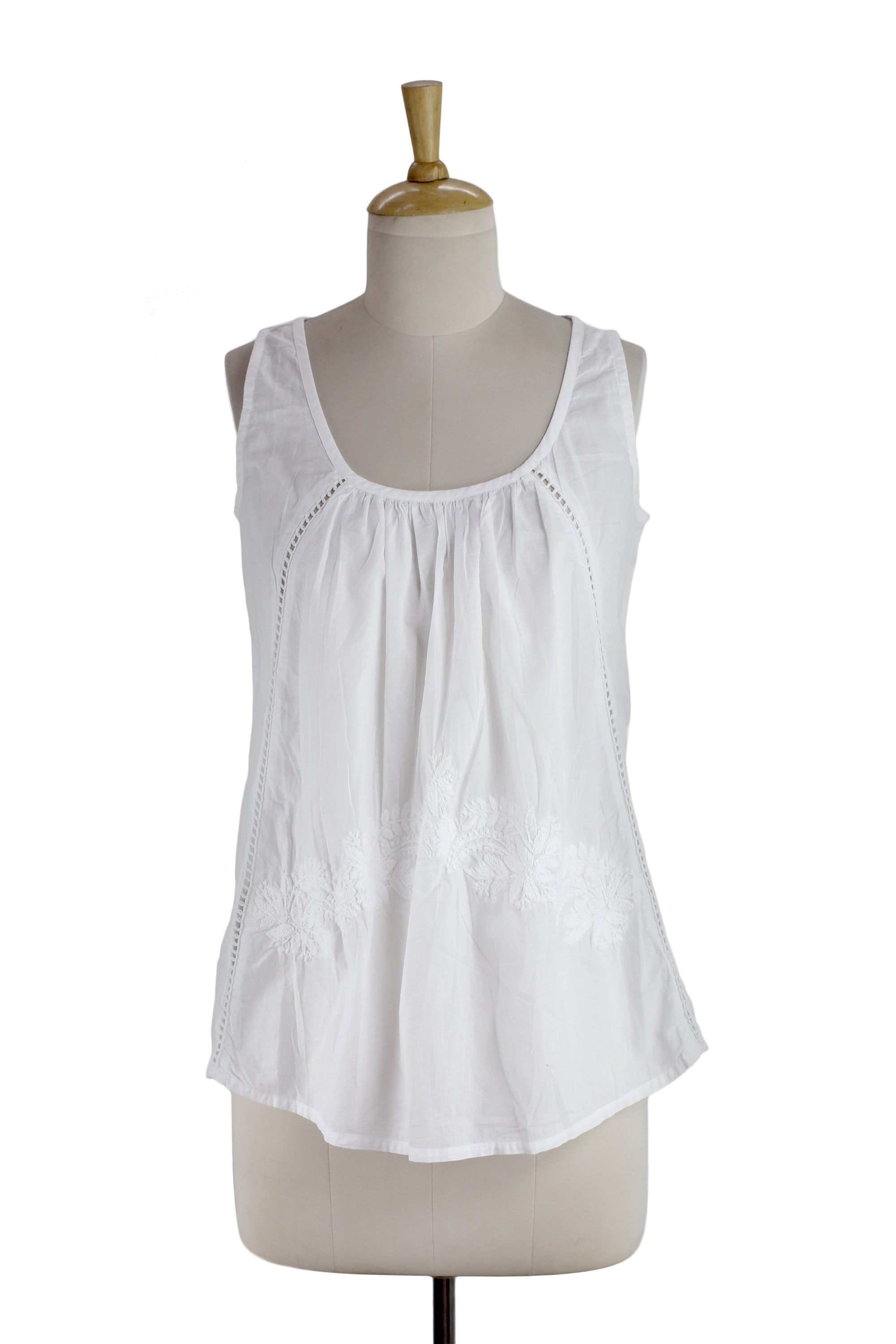 Hand Embroidered Sleeveless White Cotton Smock Top - Floral Whisper ...