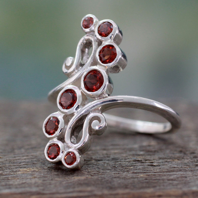 Garnet cocktail ring, 'Scarlet Tendrils' - Handcrafted Silver Statement Cocktail Ring with 8 Garnets