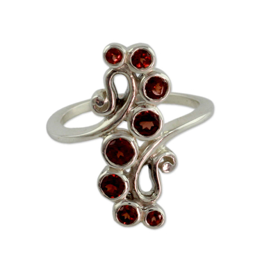Garnet cocktail ring, 'Scarlet Tendrils' - Handcrafted Silver Statement Cocktail Ring with 8 Garnets