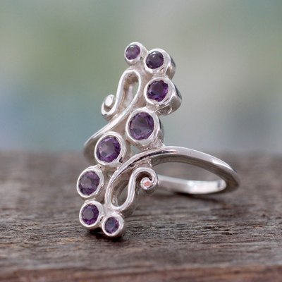 Amethyst cocktail ring, 'Wisteria Tendrils' - Handcrafted Silver Statement Cocktail Ring with 8 Amethysts