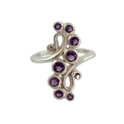 Amethyst cocktail ring, 'Wisteria Tendrils' - Handcrafted Silver Statement Cocktail Ring with 8 Amethysts