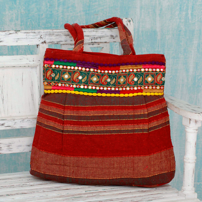 Cotton shoulder bag, 'Paisley Path' - Hand-Loomed Red Cotton Shoulder Bag with Sequins