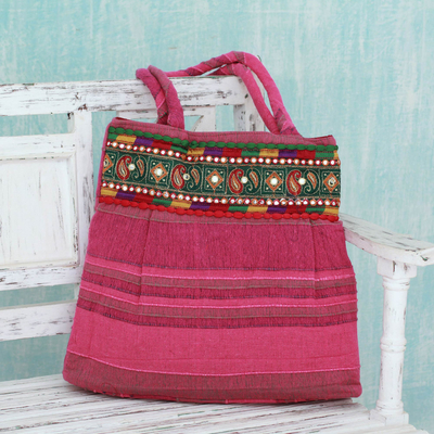 Cotton shoulder bag, 'Majestic Pink' - Pink Cotton Shoulder Bag with Multicolor Embroidery
