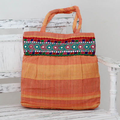 Cotton shoulder bag, 'Sunset Muse' - Indian Artisan Crafted Orange Cotton Shoulder Bag
