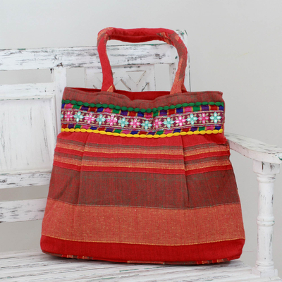 Bolso bandolera de algodón - Bolso de hombro de algodón a rayas rojas y naranjas de la India