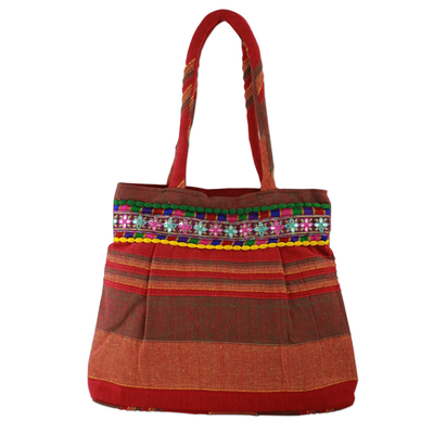 Red and Orange Striped Cotton Shoulder Bag from India