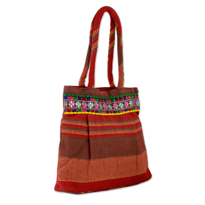 Cotton shoulder bag, 'Scarlet Dawn' - Red and Orange Striped Cotton Shoulder Bag from India