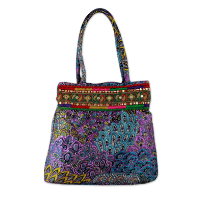 India Handcrafted Shoulder Bag in Printed Satin Fabric - Purple ...