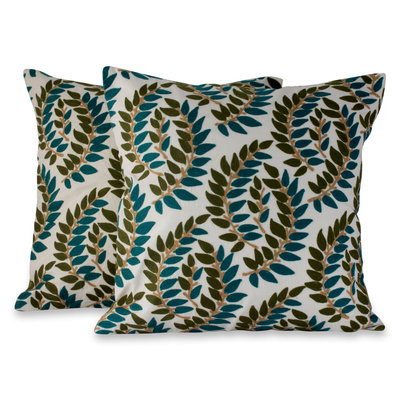 Embroidered cushion covers, 'Autumn Leaves' (pair) - Embroidered Ivory Cushion Covers with Green Leaves (pair)
