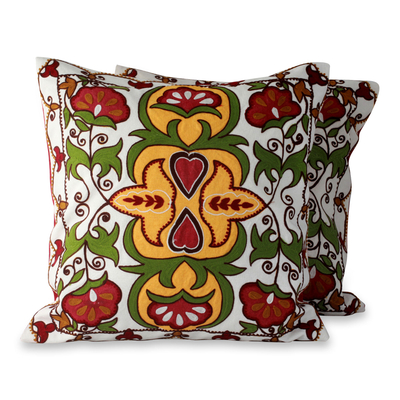 Applique cushion covers, 'Floral Ecstasy' (pair) - Fair Trade Multicolor Applique Floral Pillow Covers (pair)