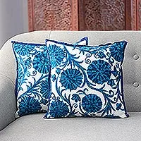 Embroidered cushion covers, 'Blue Dahlias' (pair)