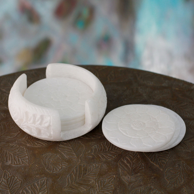 Marble coaster set, 'Peaceful Blossom' (set of 6) - Hand Carved White Marble Coasters and Holder (set of 6)